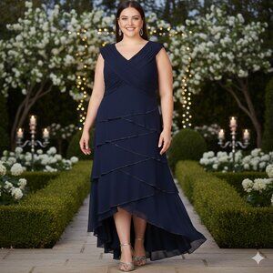 PATRA Navy Jersey Sleeveless Tiered Beaded Formal Evening Gown, Size 24W